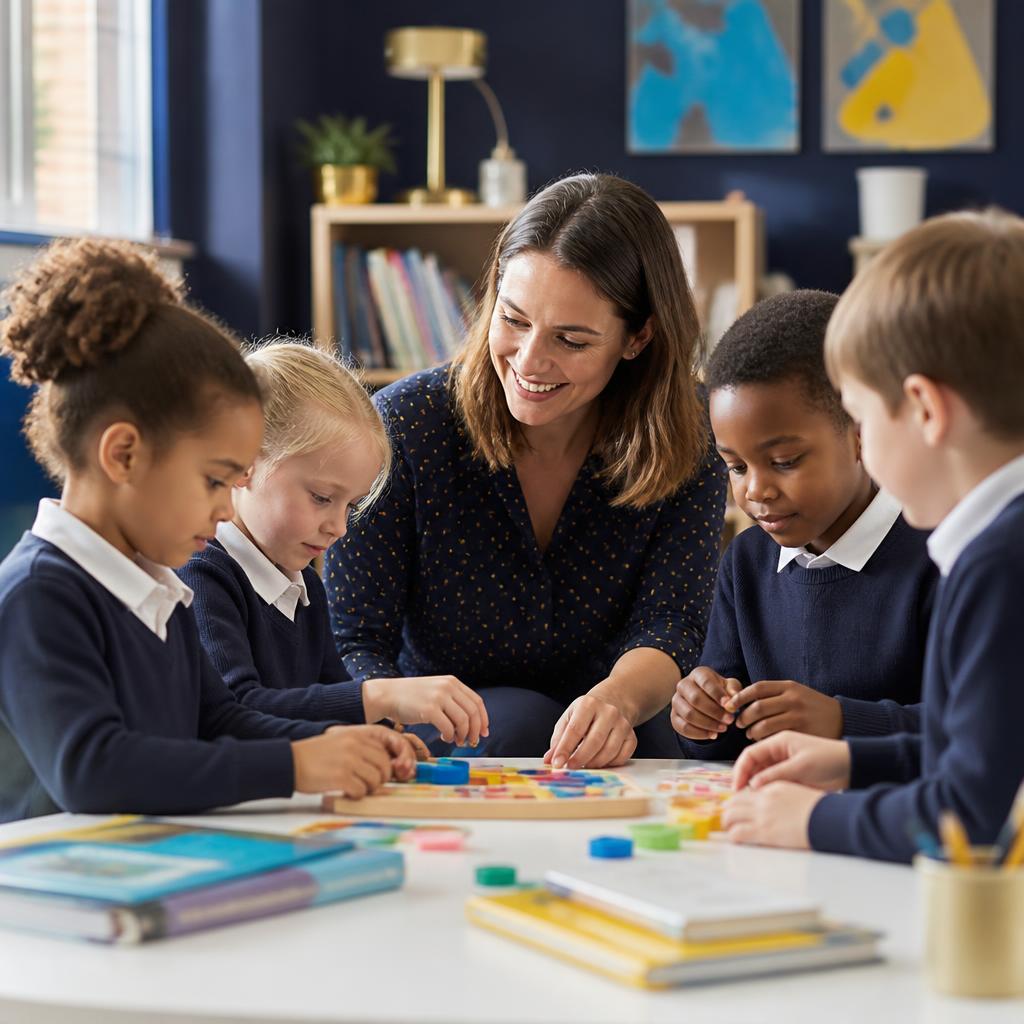 A teacher supporting a small group of pupils with hands-on learning activities