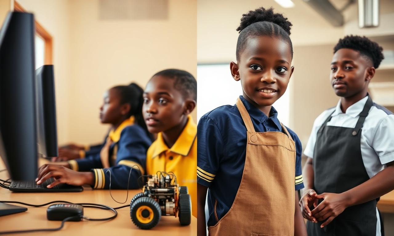 Pupils coding on computers, building a robot, and learning kitchen skills at Heirs International British School